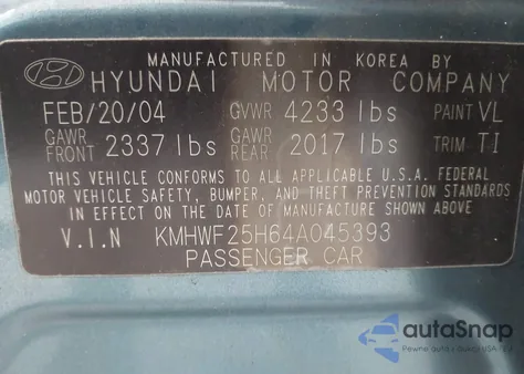 2004 Hyundai Sonata z USA, uszkodzony, nr VIN KMHWF25H64A045393